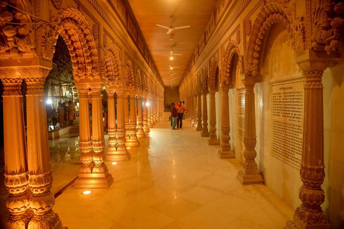 A view of a corridor at the temple complex of Kashi Vishwanath. With the renovations, the temple now has a giant courtyard to accommodate devotees, especially during crowded times. Credit: PTI Photo