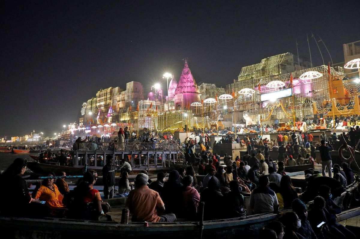 The temple premises and adjoining areas are illuminated ahead of the inauguration of the new Kashi Vishwanath Temple Corridor. Credit: Reuters Photo
