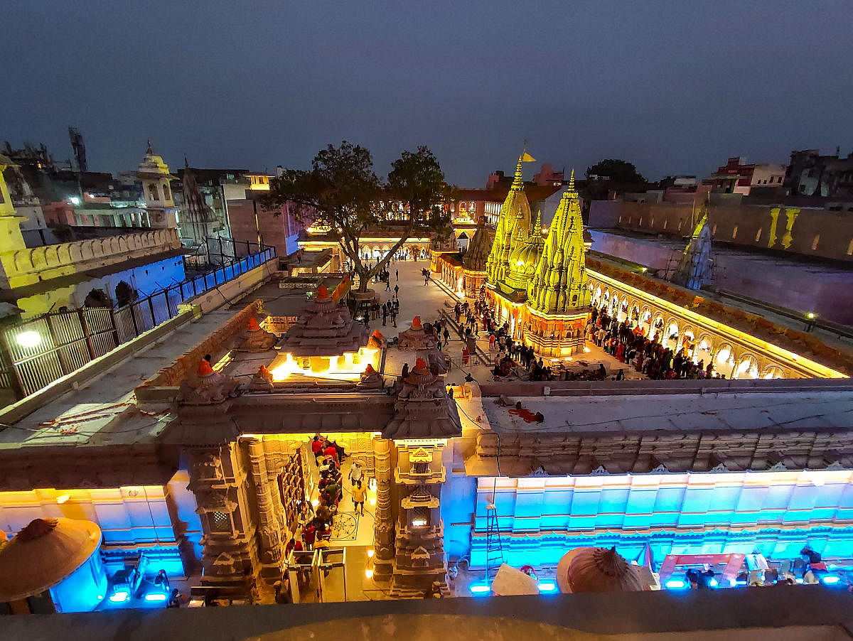 A view of Kashi Vishwanath Dham in Varanasi on Sunday, illuminated with lights ahead of its inauguration by Prime Minister Narendra Modi. Credit: PTI Photo
