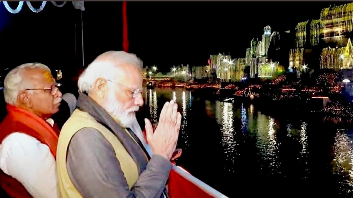 PM Modi was accompanied by Chief Minister Yogi Adityanath, BJP president JP Nadda and several chief ministers from BJP-ruled states. In this photo, PM Modi and Haryana CM Manohar Lal are seen experiencing Ganga Aarti at Varanasi Ghat. Credit: PTI Photo
