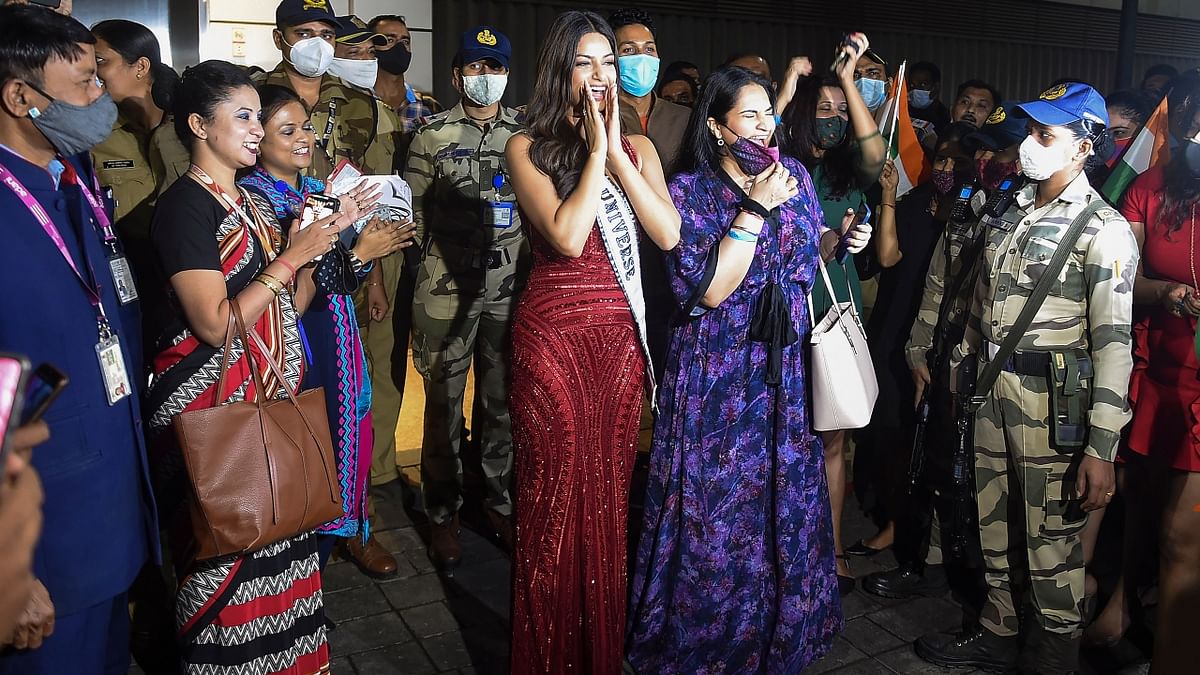 Miss Universe 2021 Harnaaz Sandhu returned back to India from Israel after winning the beauty pageant on December 15, 2021. Credit: AFP Photo