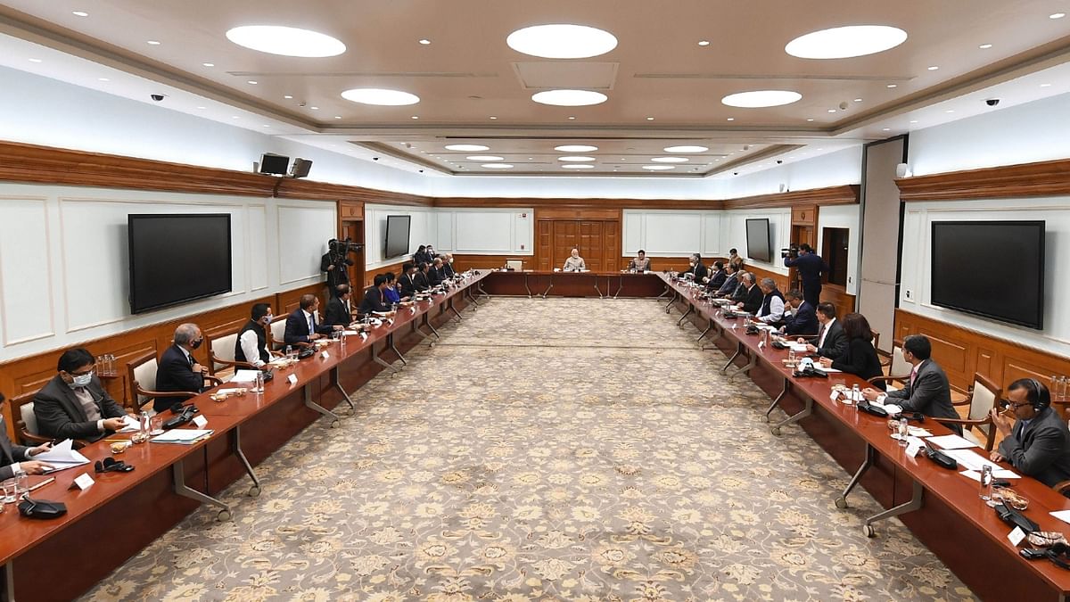 Prime Minister Narendra Modi interacted with the leading CEOs of companies across banking, infrastructure, automobile, telecom, consumer goods, textile, renewables, hospitality, technology healthcare, space and electronics, for inputs for next year's Budget. Credit: PIB Photo