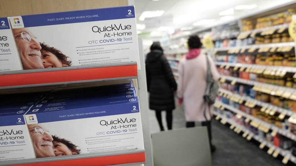 A take-home Covid-19 testing kit is displayed on the shelf of a Manhattan drugstore on December 22, 2021 in New York City. Credit: AFP Photo