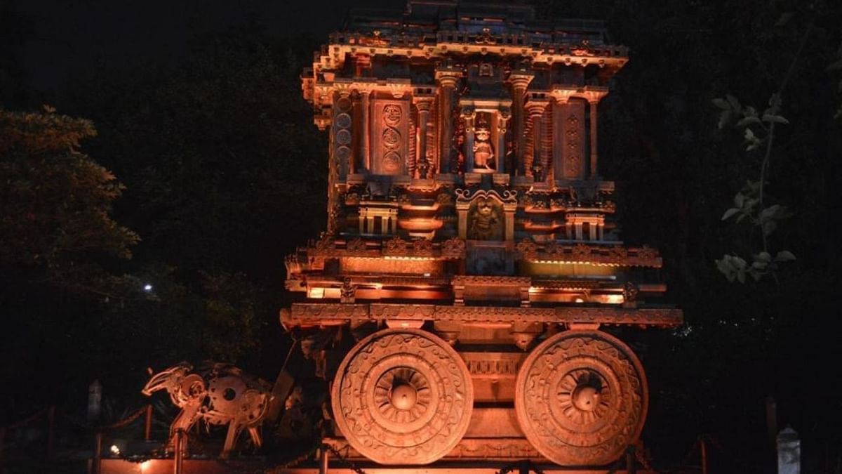 A total of 22 replicas have been put up in this park of the theme 'waste-to-wealth' under this project that is about Rs 16 crore. Pictured: Stone Chariot, Hampi. Credit: Twitter/ @AmitShah