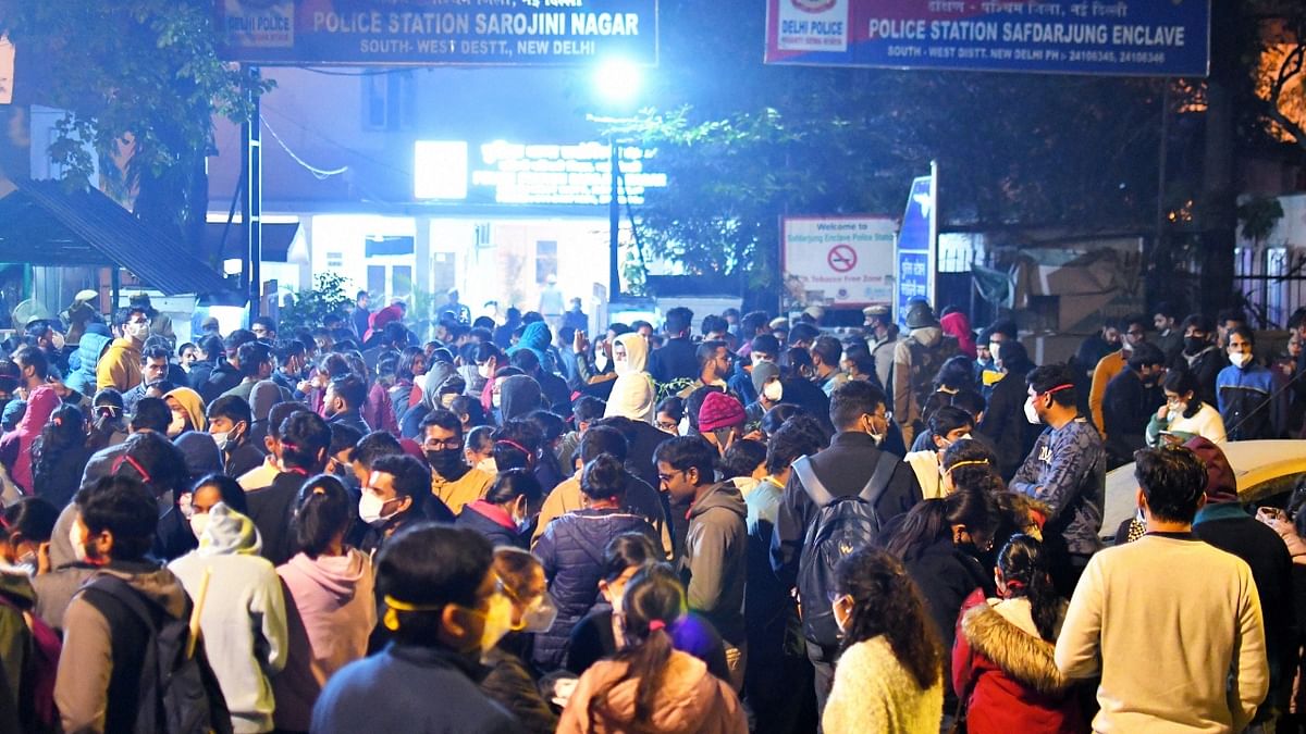 Later in the night, a large number of resident doctors gathered outside the Sarojini Nagar police station. But, no one has been detained as of now, police said. Credit: PTI Photo