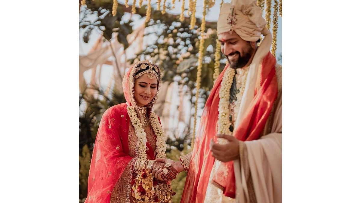 Celebrity couple Katrina Kaif and Vicky Kaushal tied the knot in an intimate ceremony held at Six Senses Fort Bawara, Rajasthan on December 9, 2021. Credit: Instagram/katrinakaif