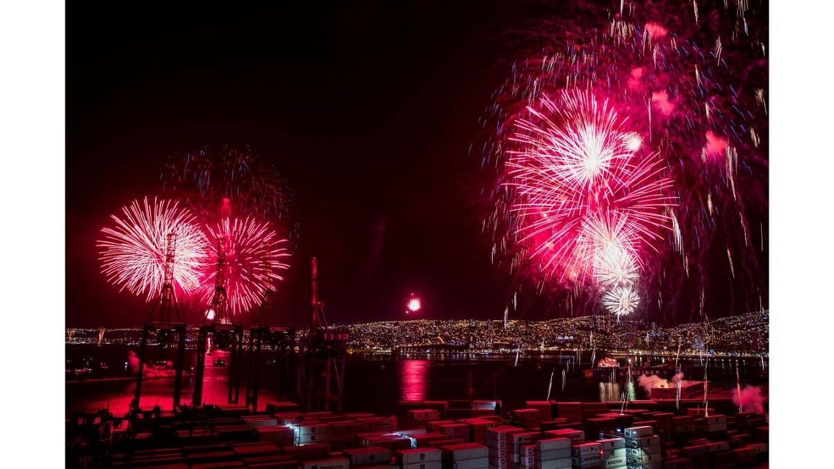 Fireworks are seen in the port of Valparaiso's on the coast of Chile during New Year celebrations. Credit: AFP Photo