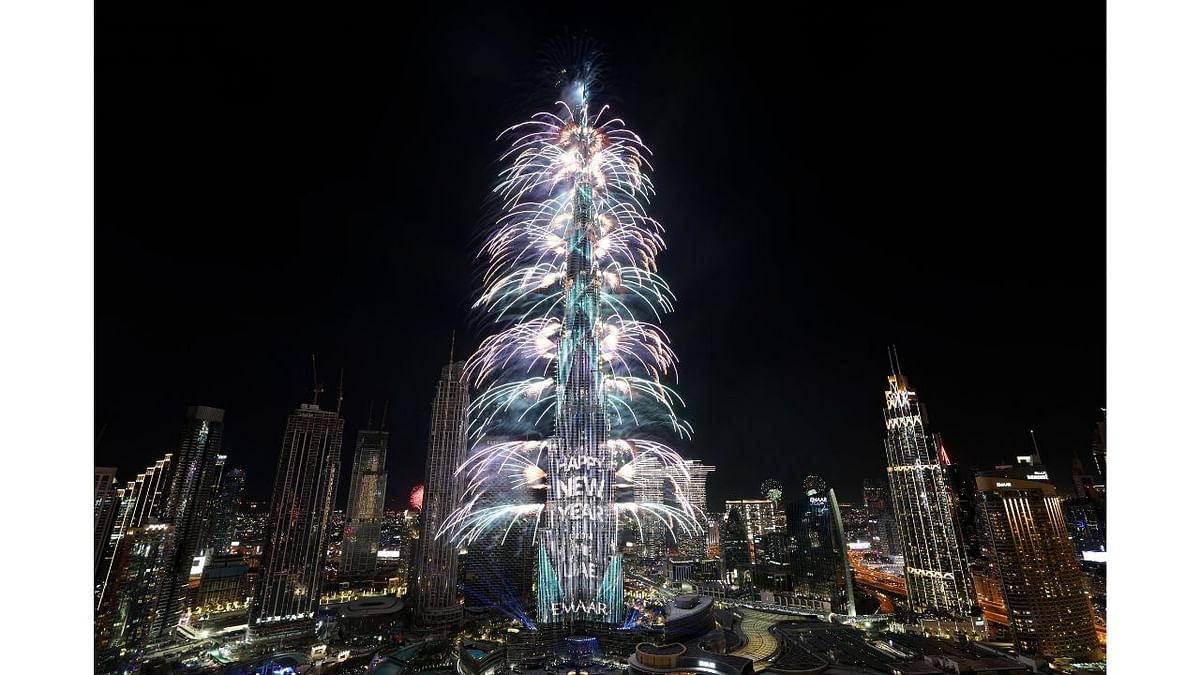 Fireworks explode at the Burj Khalifa, the world's tallest building, during the New Year's Eve celebration in Dubai, United Arab Emirates. Credit: AP Photo