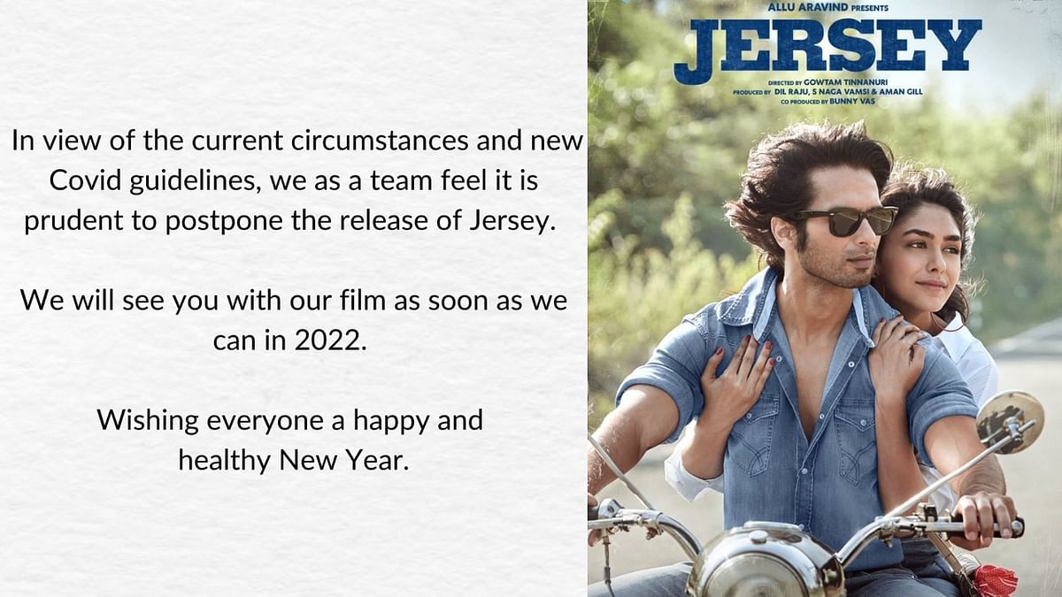 Makers of Shahid Kapoor starrer 'Jersey' pushed the release of his film just three days before its December 31 date. Credit: Special Arrangement