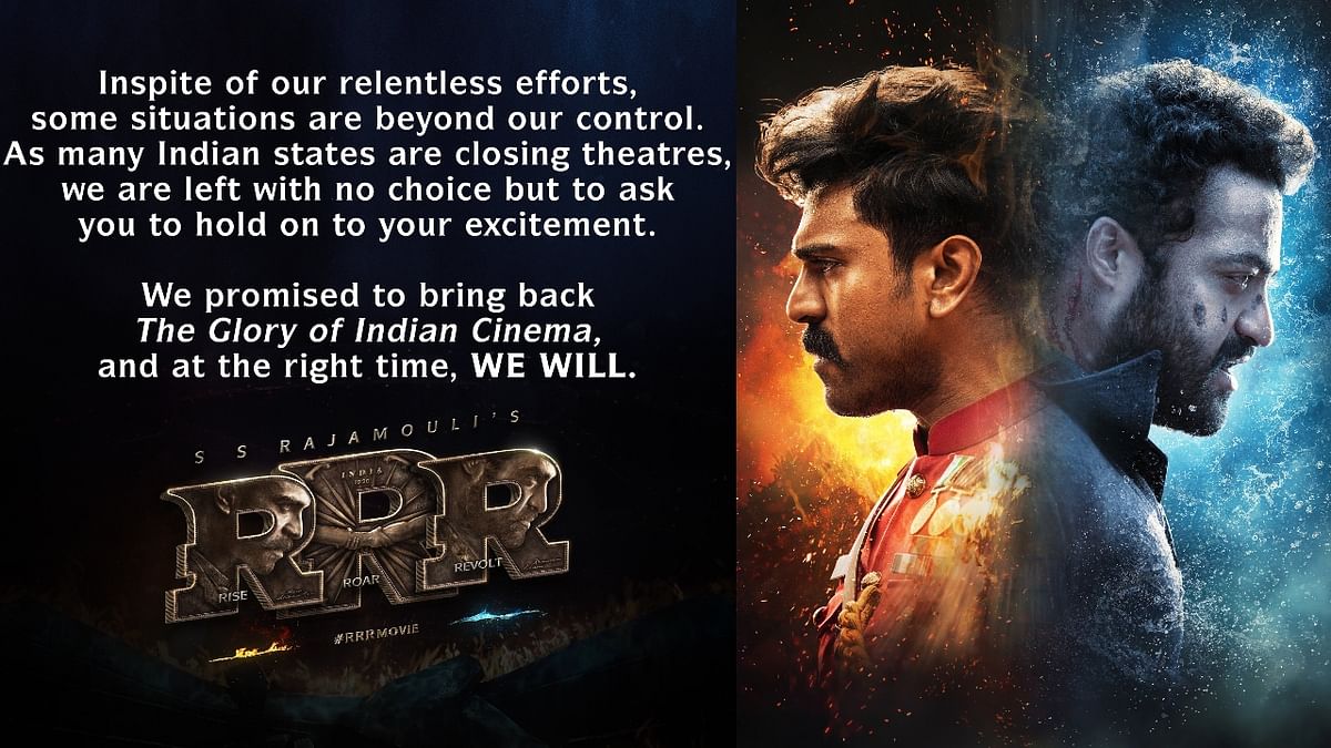 Makers of period action Telugu film 'Rise Roar Revolt' (RRR), fronted by south stars Ram Charan and NT Rama Rao Jr, said in a statement that they had no choice but to defer the release. Credit: Special Arrangement