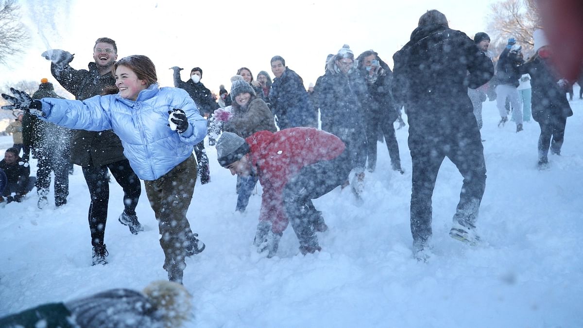 The event was named ‘Battle of Snomicron’, in an apparent dig at the ongoing Omicron variant and was organised by the Washington DC Snowball Fight Association (DCSFA). Credit: Reuters Photo