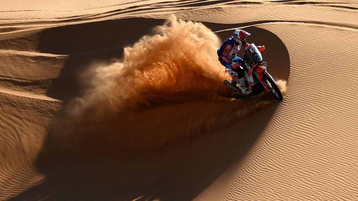 US biker Mason Klein competes during the Stage 8 of the Dakar Rally 2022 between al-Dawadimi and Wadi Ad-Dawasir in Saudi Arabia. Credit: AFP Photo