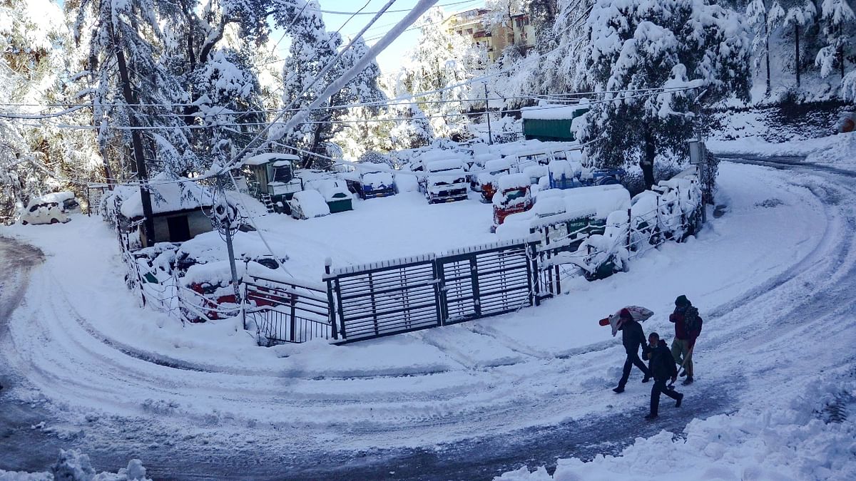 Normal life in the tribal districts of Lahaul-Spiti, Kinnaur and Pangi, and Bharmour of Chamba district was thrown out of gear due to snowfall. Credit: PTI Photo