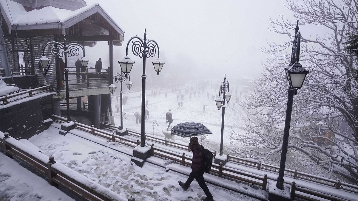 Hail, rain and snowfall that occurred on the year's first weekend turned Shimla into a white wonderland. Credit: PTI Photo