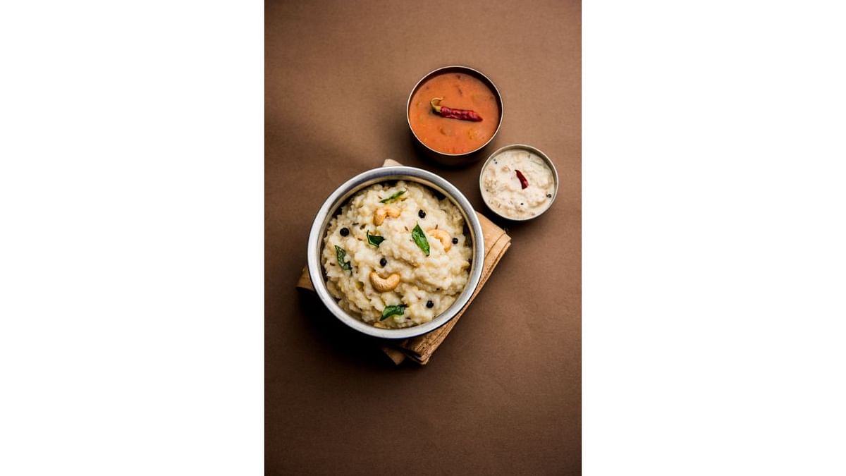 Pongal: A dish that is intrinsically associated with the festival in the Southern states, Pongal is a traditional dish made with rice, yellow moong dal, cumin, ginger, pepper and curry leaves and is served with hot sambhar and coconut chutney. Credit: DH Pool Photo