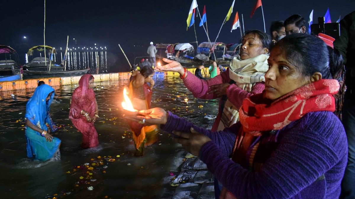 In the most populous state of Uttar Pradesh, thousands of devotees thronged at banks of the Ganges river in the holy city of Prayagraj. Credit: PTI Photo