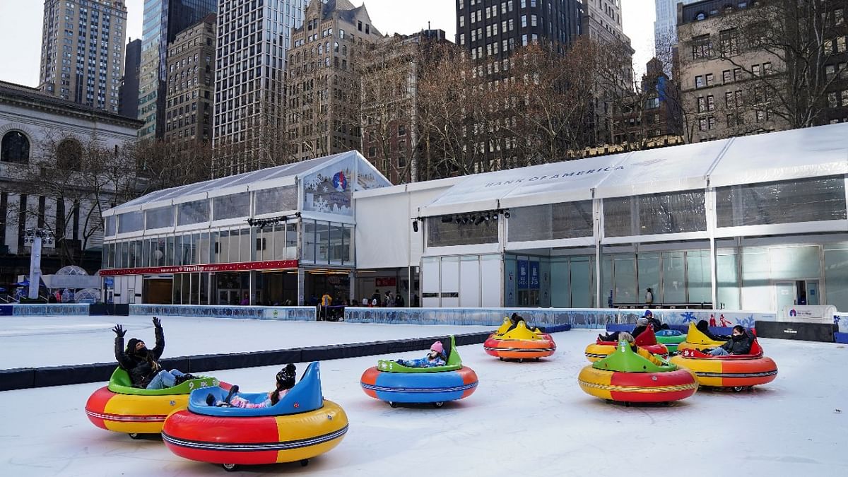 People enjoy the weather as the Bumper Cars on Ice attraction begins operation in Bryant Park in the Manhattan borough of New York City, New York, US. Credit: Reuters Photo
