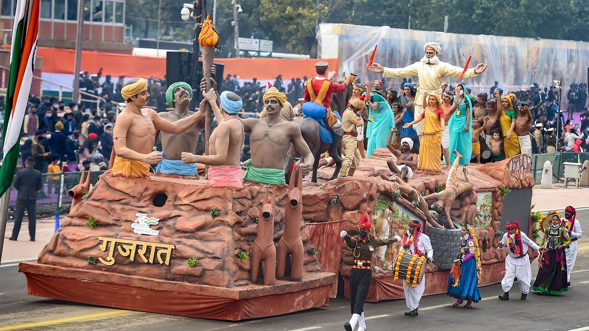 Gujarat tableau on display during the full dress rehearsal of the Republic Day Parade 2022 at Rajpath in New Delhi. Credit: PTI Photo