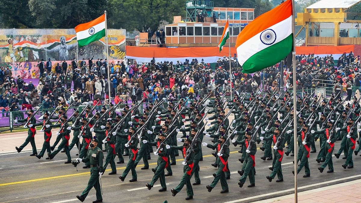 A full dress rehearsal of the 73rd Republic Day celebrations was held in New Delhi on January 23, 2022. Personnel from the Army, Air Force and Navy marched across the Rajpath. Credit: PTI Photo