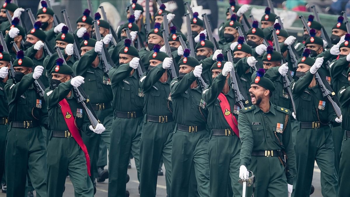 The six marching contingents of the Indian Army at the Republic Day Parade will be of Rajput Regiment, Assam Regiment, Jammu and Kashmir Light Infantry, Sikh Light Infantry, Army Ordnance Corps Regiment and Parachute Regiment. Credit: PTI Photo