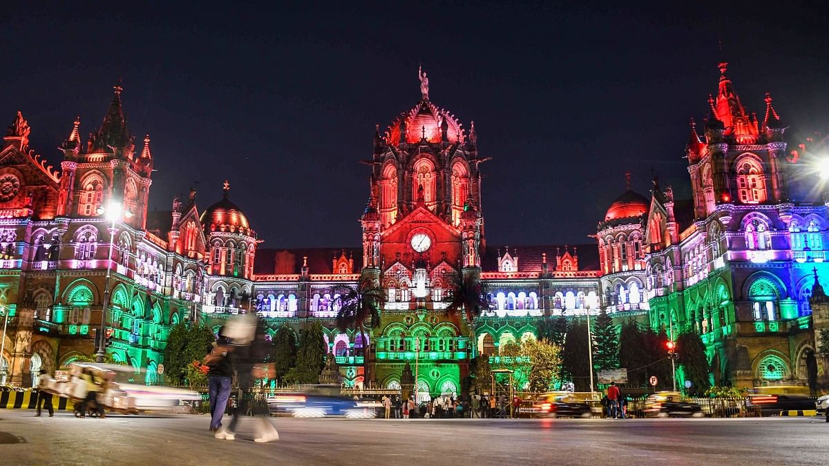 Chhatrapati Shivaji Maharaj Terminus building, illuminated with tricolour lights ahead of the Republic Day, in Mumbai. Credit: PTI Photo