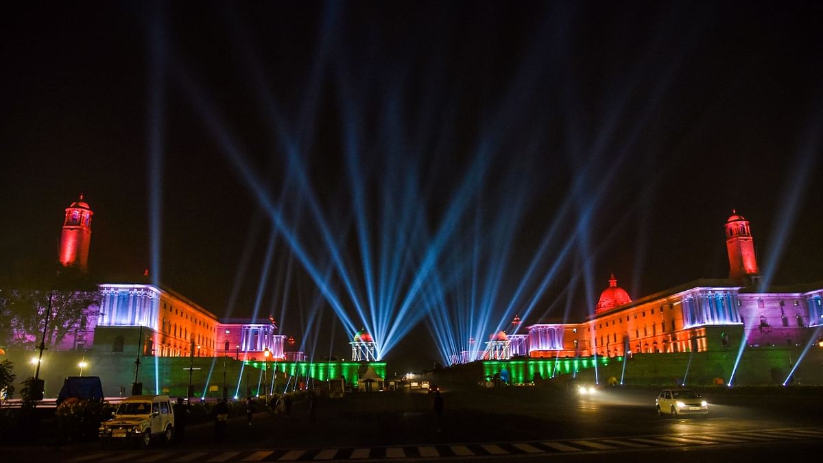 Government buildings illuminated with tricolour lights ahead of Republic Day, at Vijay Chowk in New Delhi. Credit: PTI Photo