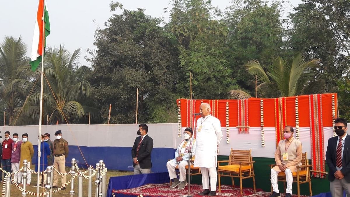 RSS Sarsanghchalak Dr Mohan Bhagwat hoisted National Flag on the occasion of Republic Day at Sevadham premises, Agartala, Tripura. Credit: Twitter/RSS