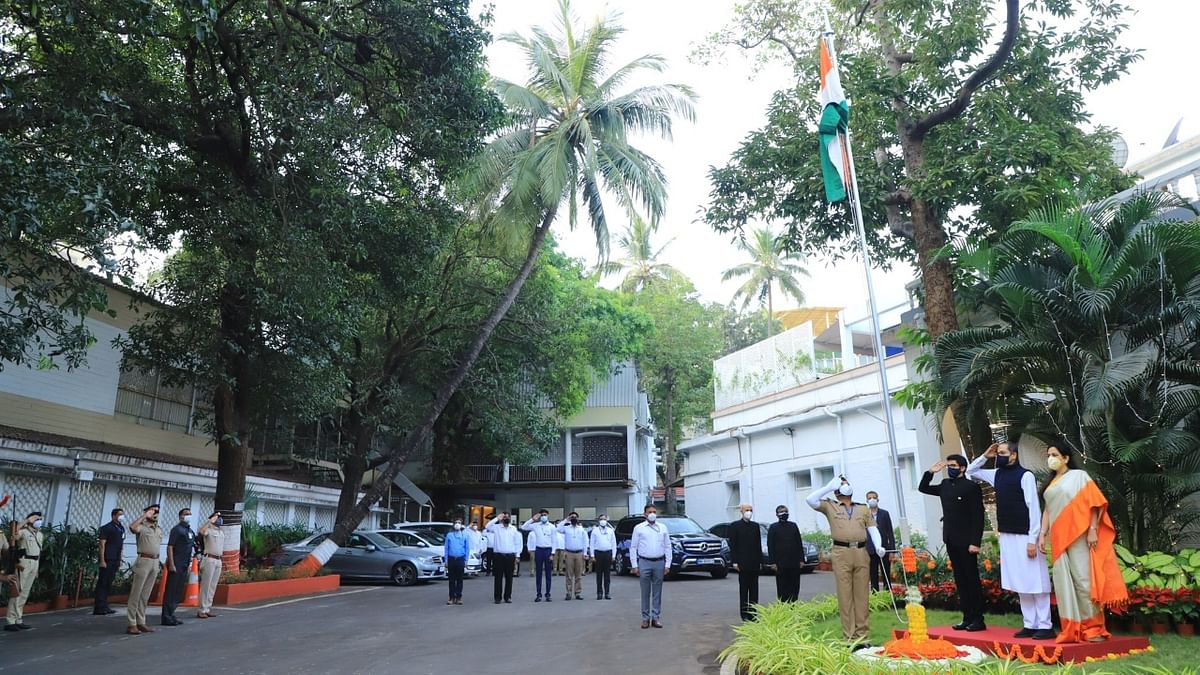 Maharashtra Chief Minister Uddhav Thackeray unfurled the tricolour at his official residence in south Mumbai on the occasion of the 73rd Republic Day. Credit: Twitter/@CMOMaharashtra