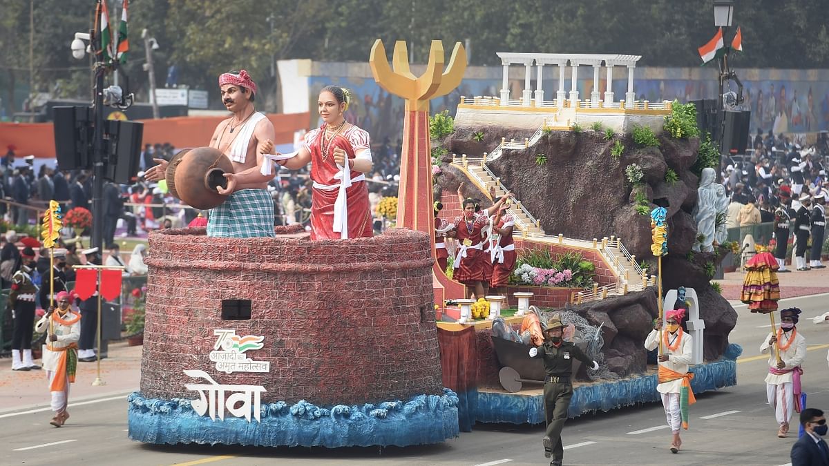 Goa tableau depicts its seashore along with its biodiversity and livelihoods during the Republic Day parade, apart from highlighting the state's campaign 'Save the Frog'. Credit: PTI Photo