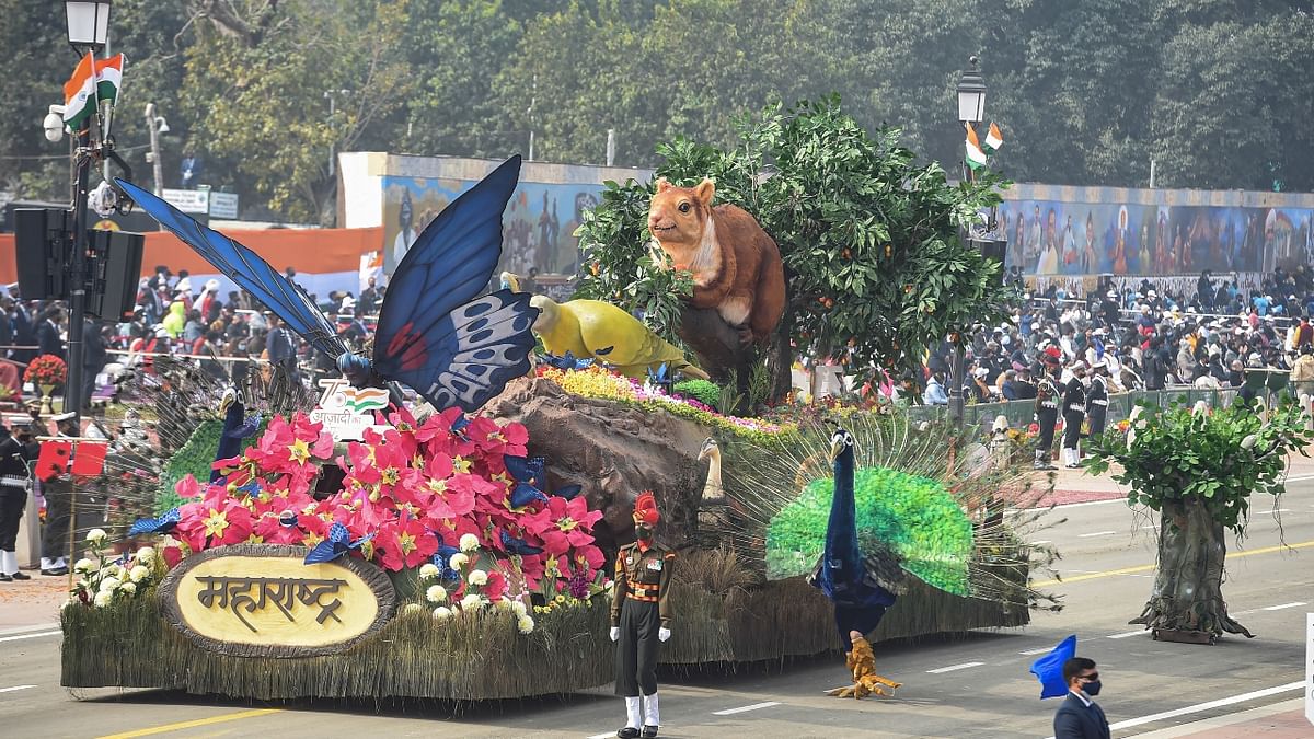 The Indian giant squirrel found in the Sahyadri mountains, a new spider species named after Mumbai policeman Tukaram Ombale who captured terrorist Ajmal Kasab during the 26/11 attack, featured in the tableau of Maharashtra that was part of the Republic Day 2022 parade. Credit: PTI Photo