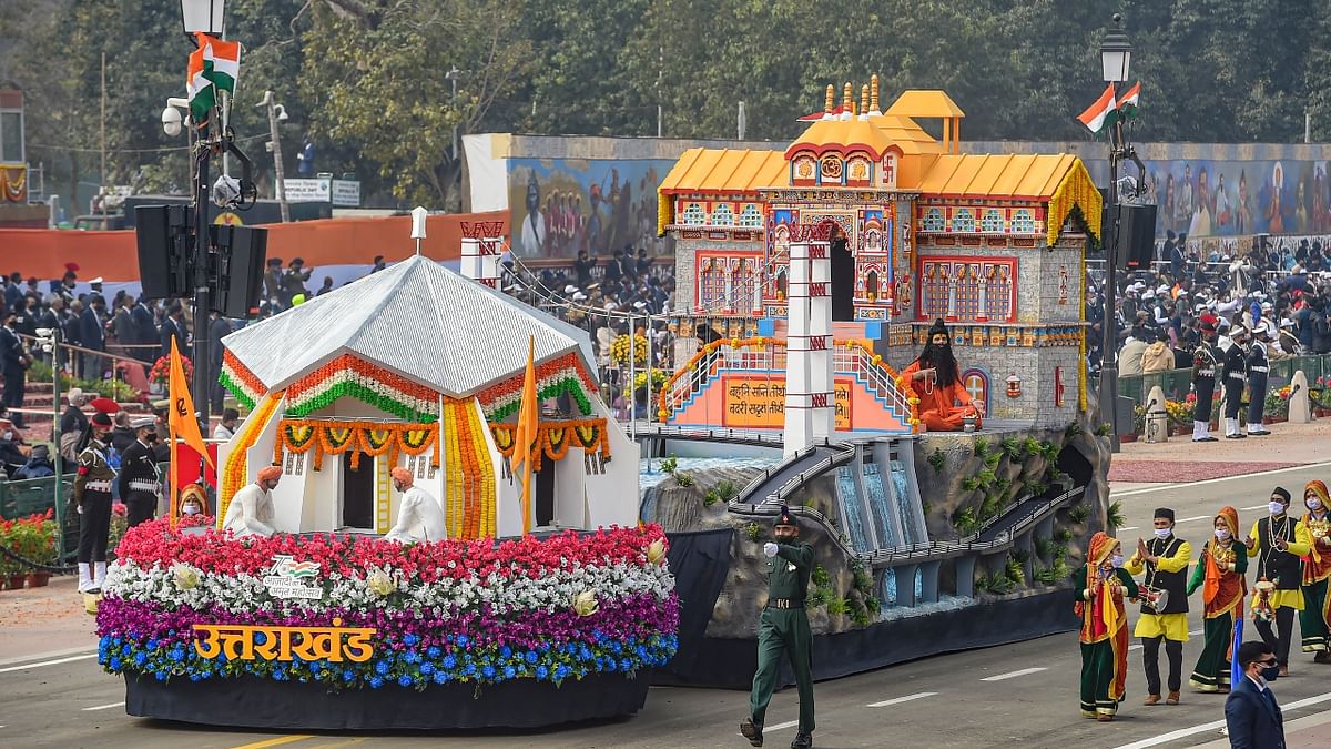 Uttarakhand showcased connectivity projects and religious sites in its tableau at the Republic Day 2022 parade. Credit: PTI Photo