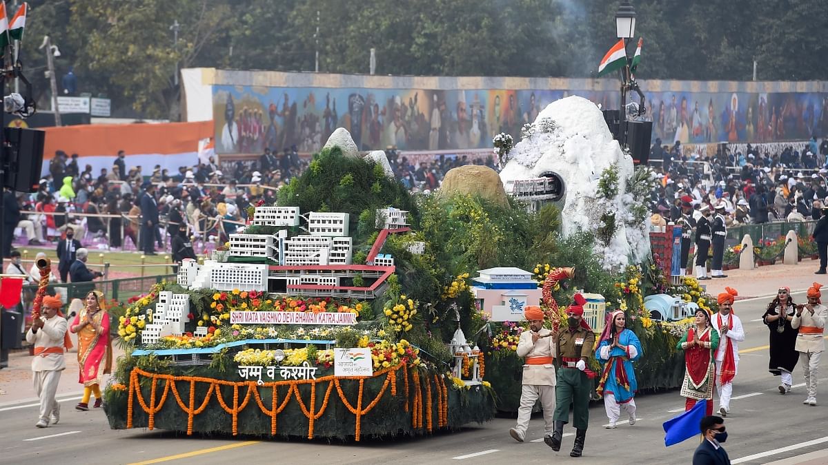 The tableau of Jammu and Kashmir at the Republic Day parade depicted the changing face of the Union Territory in terms of the development scenario. The front portion of the tableau showcased the world famous Mata Vaishno Devi Bhawan located at Katra in the Trikuta Mountains of Jammu Division. The rear portion depicted the Indian Institute of Management, Indian Institute of Technology, AIIMS and International Airport being established. Credit: PTI Photo