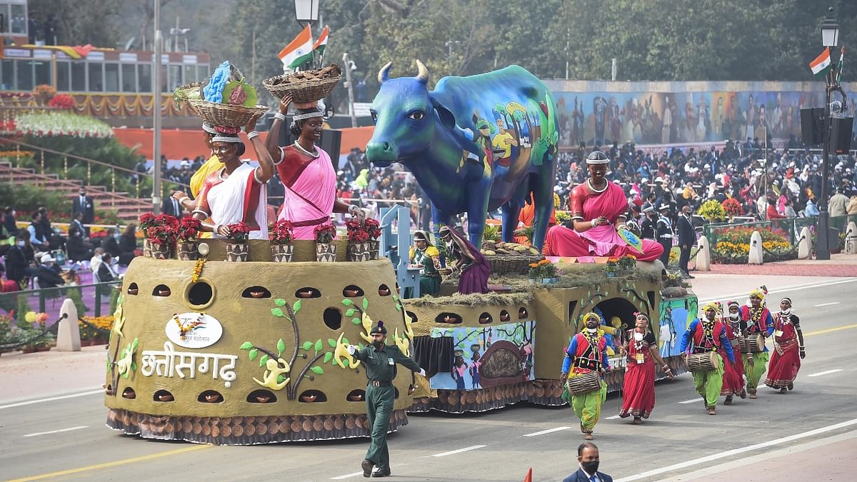 Chhattisgarh's tableau at the Republic Day parade depicted the state's 'Godhan Nyay Yojana' and the various ways in which this scheme addresses multiple global concerns by synergizing traditional knowledge and scientific approach to make use of rural resources. Credit: PTI Photo