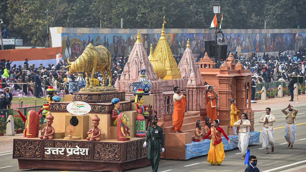 The spiritual city of Varanasi with the recently-inaugurated Kashi Vishwanath Dham was the centerpiece of Uttar Pradesh's tableau in the 73rd Republic Day Parade on Rajpath. Credit: PTI Photo