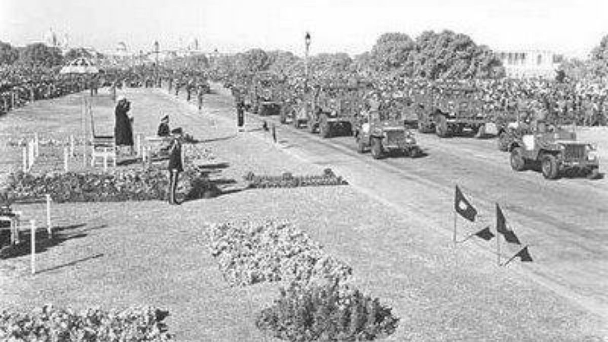 First president Dr Rajendra Prasad is seen saluting during the first Republic Day parade held on Rajpath in Delhi on January 26, 1950. Credit: @GujaratHistor