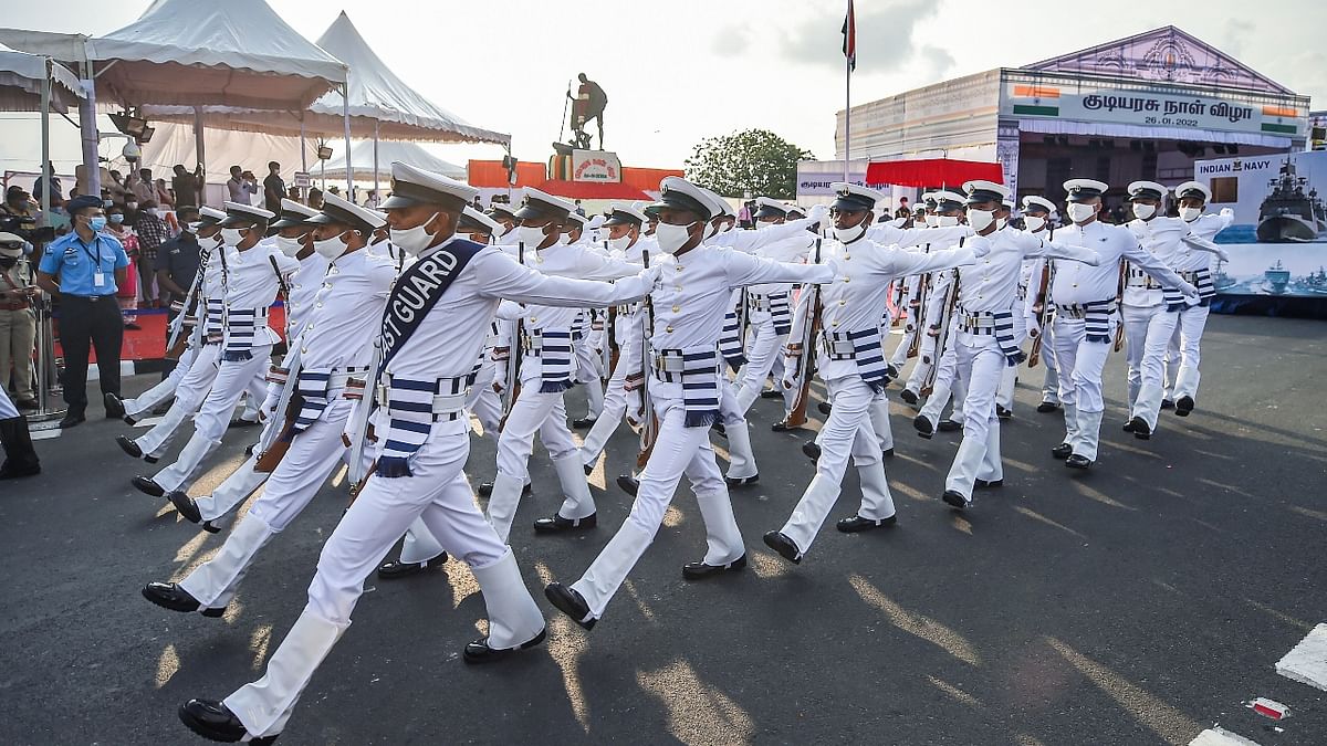 Indian Coast Guard (ICG) personnel during the Republic Day Parade 2022 at Marina Beach in Chennai. Credit: PTI Photo