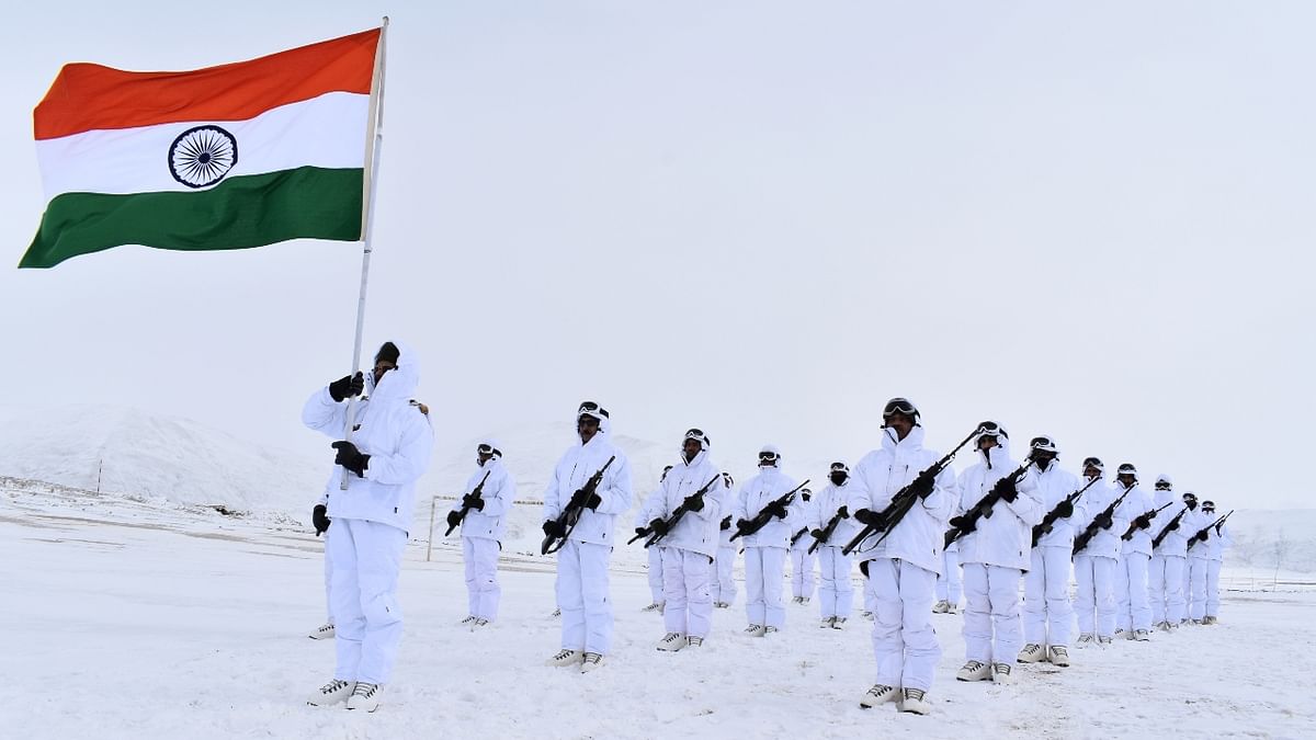 Indo-Tibetan Border Police (ITBP) personnel (known as Himveers) celebrate the 73rd Republic Day at 15000 feet in minus (-) 35 degree Celsius temperature, at the icy Ladakh borders. Credit: ITBP