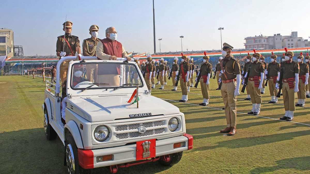 Rajasthan Governor Kalraj Mishra inspects the parade during the 73rd Republic Day celebration at SMS Stadium in Jaipur. Credit: PTI Photo