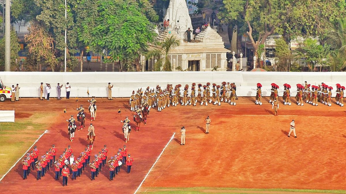Security personnel march during the Republic Day parade at Shivaji Park in Mumbai. Credit: PTI Photo