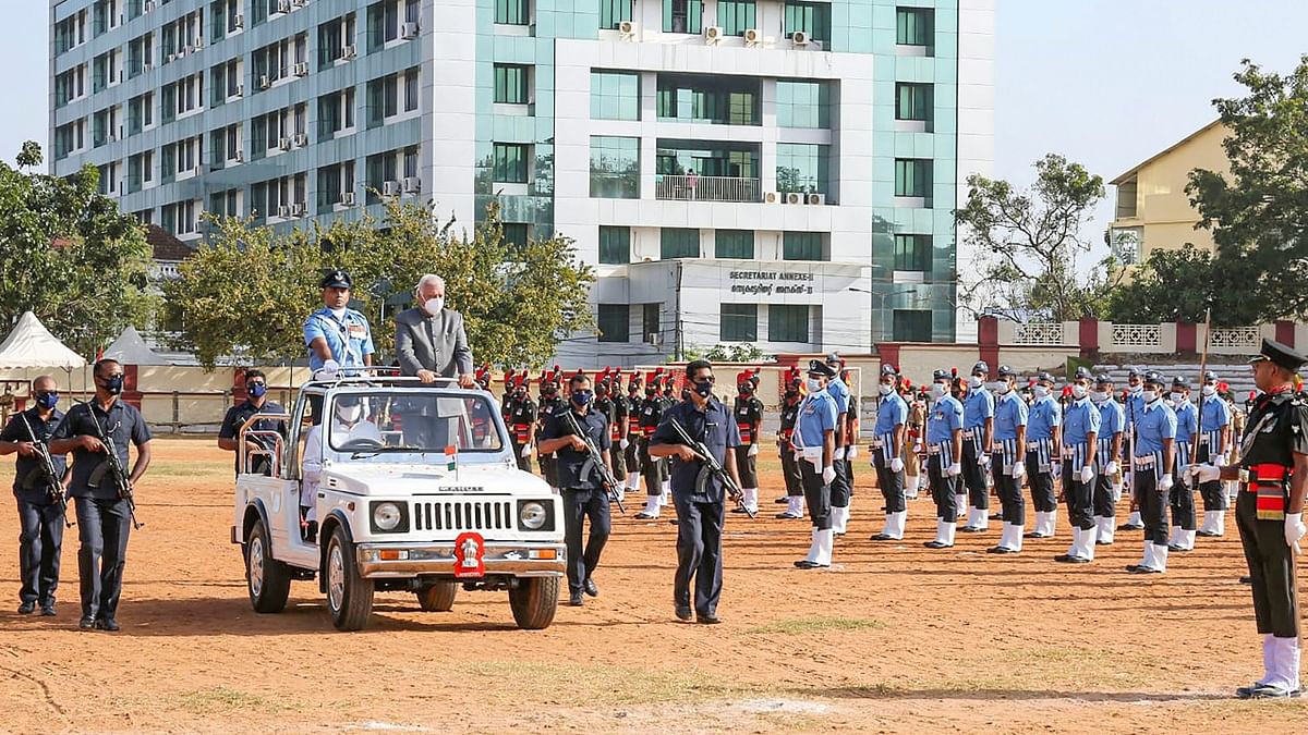 Kerala Governor Arif Mohammed Khan inspects the guard of honor at the Republic Day parade in Thiruvananthapuram. Credit: Twitter/@KeralaGovernor