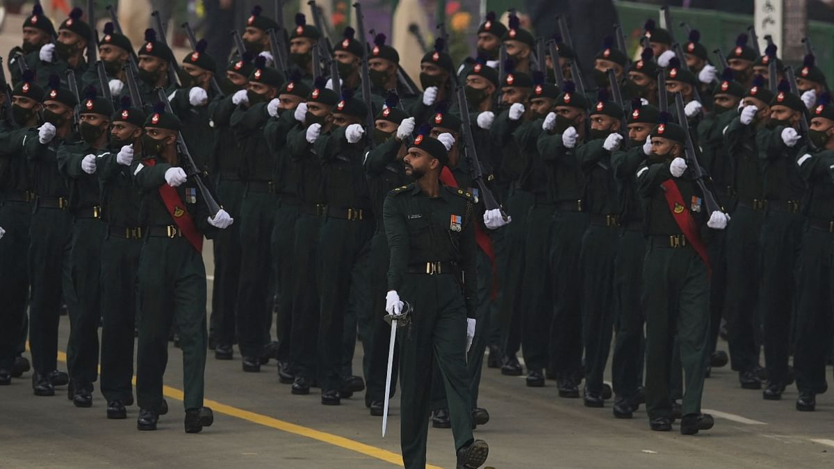 An Indian Army contingent marches during India's 73rd Republic Day parade at the Rajpath in New Delhi. Credit: AFP Photo