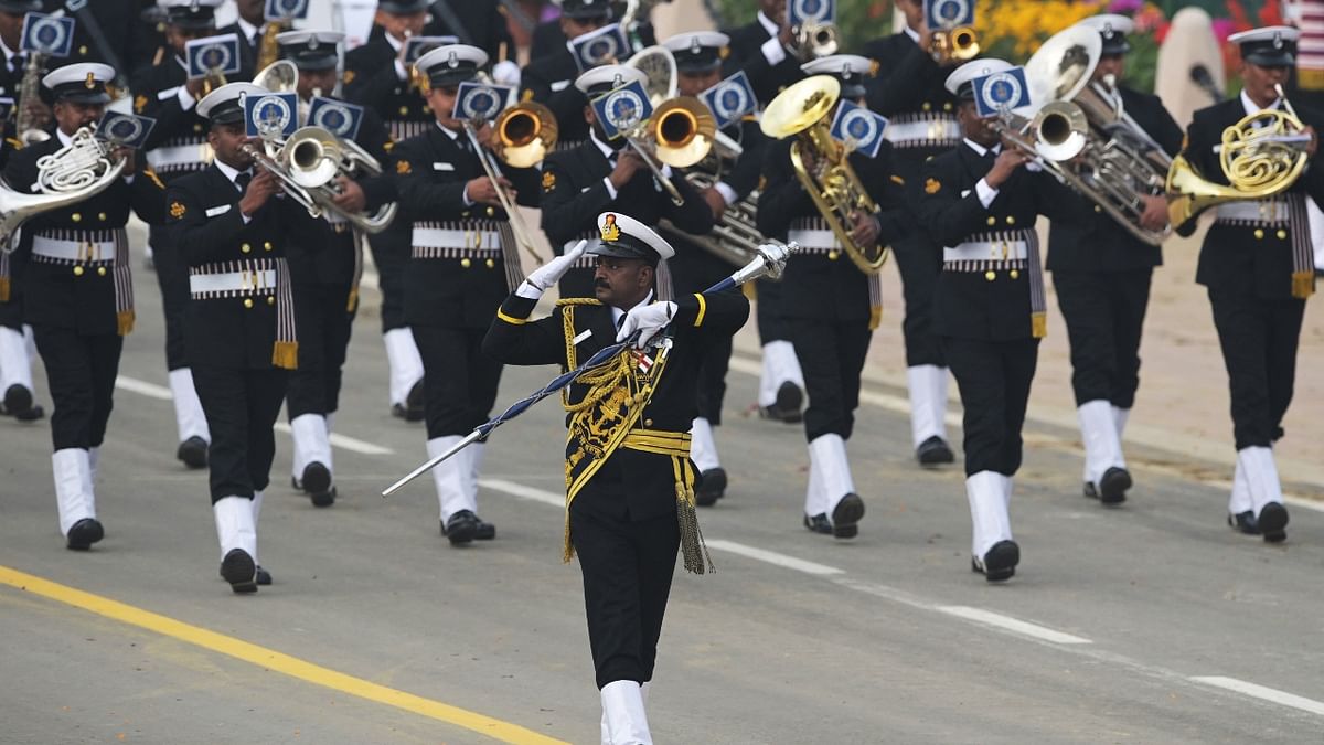 An Indian Navy contingent marches during India's 73rd Republic Day parade at the Rajpath in New Delhi. Credit: AFP Photo