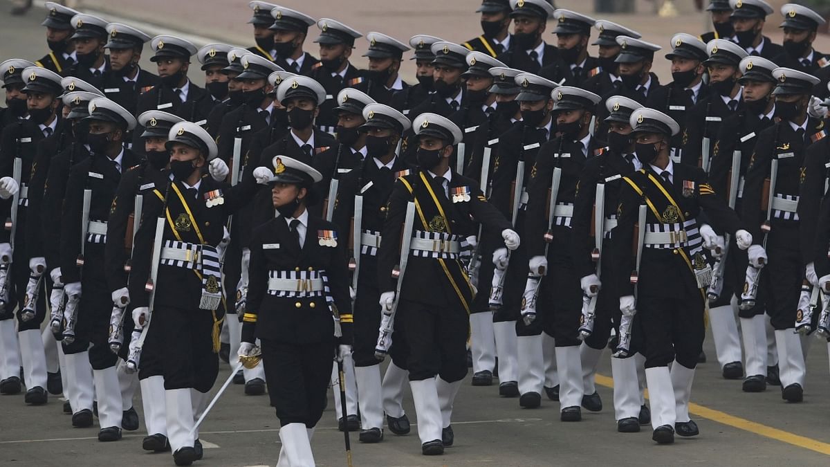 An Indian Navy contingent marches during India's 73rd Republic Day parade at the Rajpath in New Delhi. Credit: AFP Photo