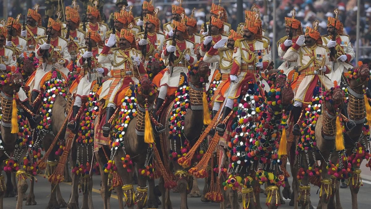 Indian Border Security Force (BSF) contingent riding camels march during India's 73rd Republic Day parade at the Rajpath in New Delhi. Credit: AFP Photo