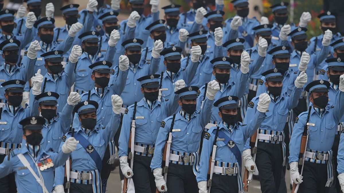 Indian Air Force contingent marches during India's 73rd Republic Day parade at the Rajpath in New Delhi. Credit: AFP Photo