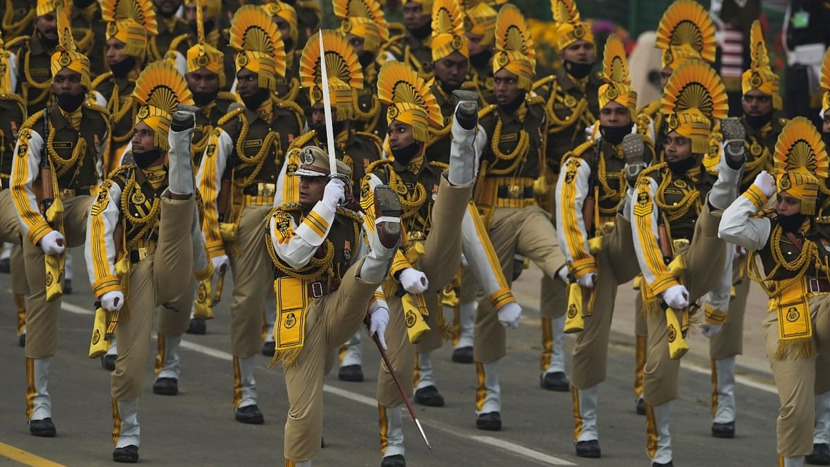 A Central Industrial Security Force contingent marches during India's 73rd Republic Day parade at the Rajpath in New Delhi. Credit: AFP Photo