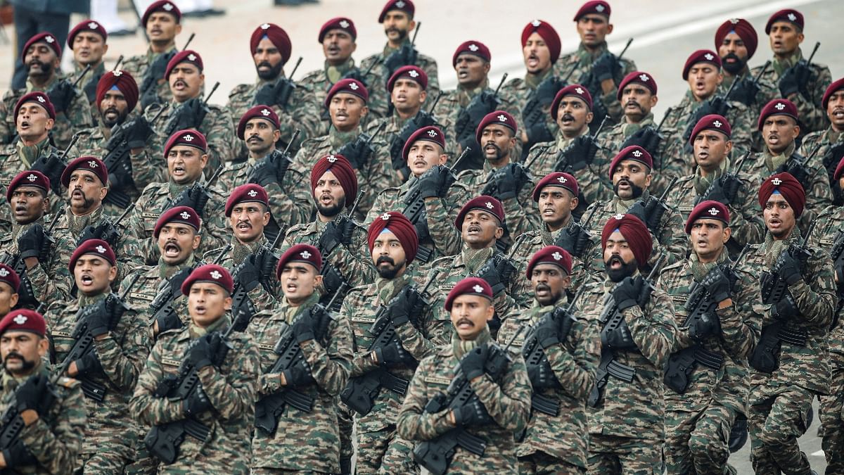 Indian soldiers march wearing new uniforms during the Republic Day parade in New Delhi. Credit: Reuters Photo