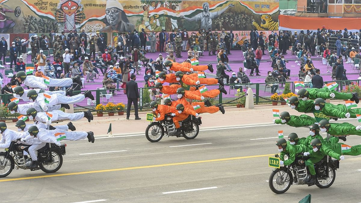 Indo-Tibetan Border Police's 'Himveers' perform stunts on bike during the Republic Day Parade 2022, at Rajpath in New Delhi. Credit: PTI Photo