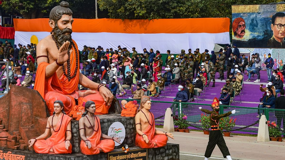 Ministry of Education & Ministry of Skill Development & Entrepreneurship tableau passes the Rajpath during the Republic Day Parade 2022 in New Delhi. Credit: PTI Photo