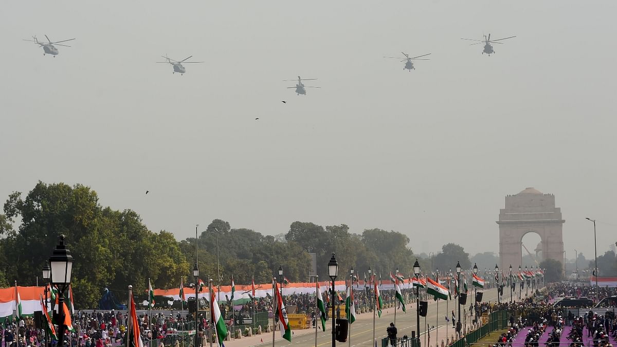 Indian Air Force (IAF) helicopters fly-past during the Republic Day Parade 2022 in New Delhi. Credit: Reuters Photo